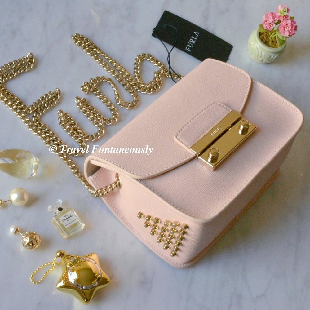 Furla Baby Pink Metropolis Mini Julia Gold Stud Crossbody Bag NEW